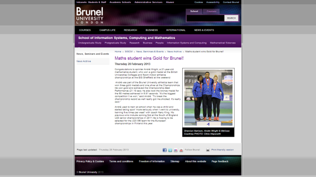 Maths student wins Gold for Brunel!